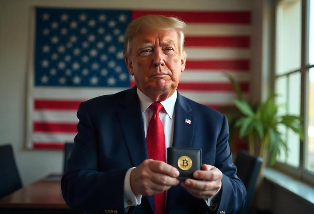 
Donald Trump segurando carteira de bitcoin com bandeira dos EUA ao fundo