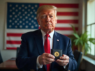 Donald Trump segurando carteira de bitcoin com bandeira dos EUA ao fundo