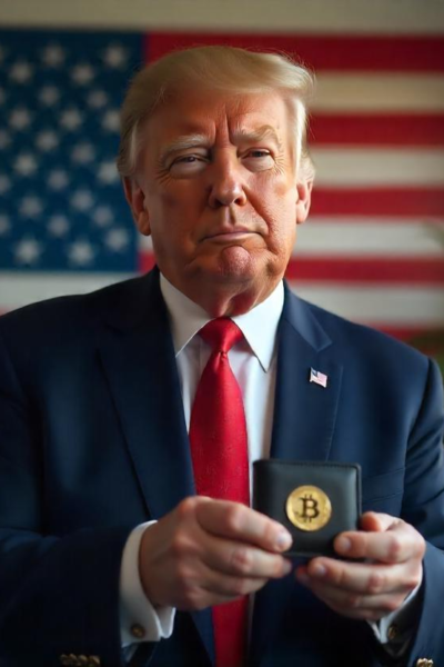 Donald Trump segurando carteira de bitcoin com bandeira dos EUA ao fundo